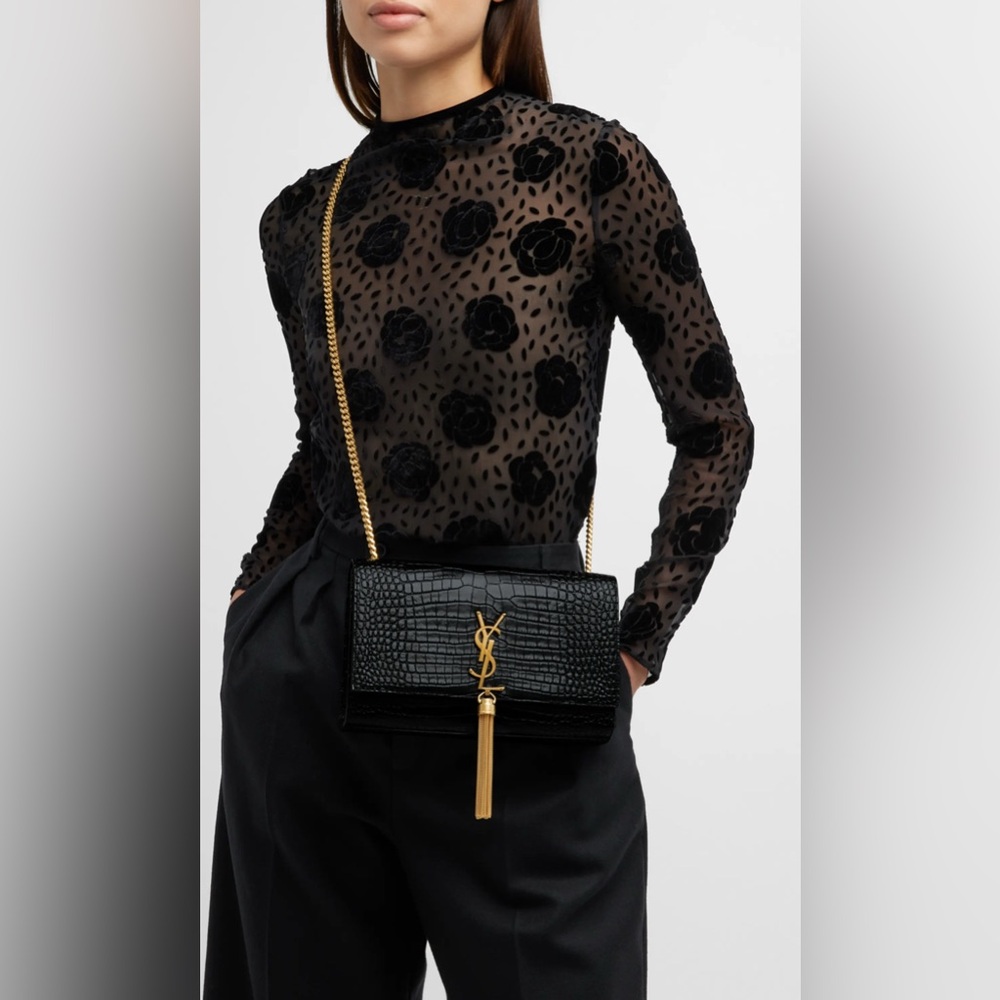 YSL Medium Kate Crocodile-Embossed Leather Shoulder Bag – – With Box & Tags
